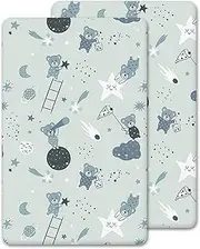 2 x Travel Cot Fitted Sheets - 100% Cotton, Soft & Comfy, Antiallergic & Breathable (Grey Teddy & Moon, 95 x 65 cm)