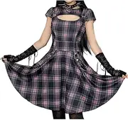 [DINGJIUYAN] Gothic Mini Dress Elegant Plaid Patchwork Short Sleeve Dresses Casual Dark Streetwear Lolita Emo Costume