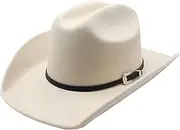 [Hemore] Cowboy Hat, Classic Roll Up Wide Brim Cowgirl Hat, Felt Western Hats for Women with Belt Buckle, Fedora Hat for Men Women, Cowboy Hat Beige