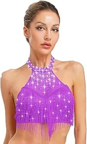 [Yihuimin] Womens Sparkly Lyrical Dance Crop Top Halter Fringe Modern Contemporary Belly Dance Blouse Top