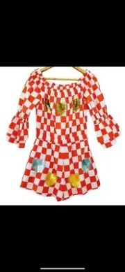 Bonita Collective Size L Red + White Checkerboard Playsuit w/Sequin Hearts