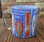 LOS ANGELES CALIFORNIA SURFING ART & LINGO COLLECTIBLE SOUVENIR GLASS ART MUG