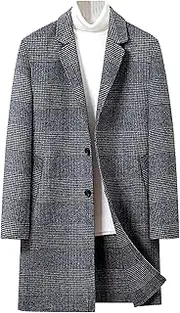 [Qolkmuiy-GJ] Mens Classic Thick Long Overcoat Slim Fit Padded Wool Trench Coats Single Breasted Plaid Mid Long Peacoat
