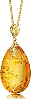 [Amber by Mazukna] Baltic Amber Pendant for Women Sparkling Amber Drop Gold Plated Sterling Silver Ag925 Necklace Amber Jewelry for Women