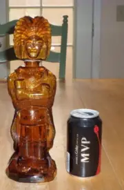 U.S. OLD WEST INDIAN FIGURE, Brown Glass Bottle + Stopper, VINTAGE, TAIWAN MADE