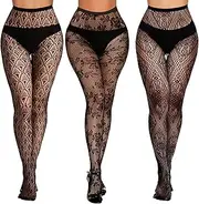 [Buauty] 3 Pcs Lace Patterned Fishnet Tights for Women Black Fishnets Leggings Lace Tights