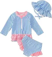 [Ptomurs] Toddler Girls Swimsuit with Hat Ruffle Stripe Swimwear Summer Beach Bathing Suit 6M-4T