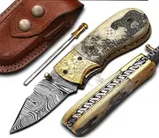 Handmade Camel Bone Engrave Folding Knives Custom Damascus Steel Camping Pocket Knife for Gift