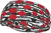 [CADREWY] Black White Stripes Red Rose Flowers Print Stylish Sports Sweatband Stretchy Breathable and Moisture Wicking Headband for Gym