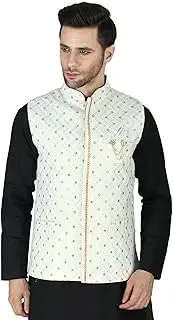 [Exotic India] Bright-White Ethnic Nehru Jacket Waist Coat With Thread-Sequin And Mirror Work Embroidery, Green, L