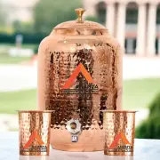 Copper Water Dispenser 8L (270 Oz) Hammered Pitcher Tanki and 2 Tumbler, Lid Set