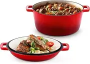2 in 1 Enameled Cast Iron Dutch Oven, HaSteeL 5 QT Pot & 2 Quart Skillet Lid Pan, Non-Stick Cookware Multi Cooker for Bread Baking Cooking Stewing, Suit for All Cooktops, Dual Handles & Oven Safe, Red