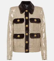 [Balmain] Balmain Sequined faux fur-trimmed jacket UK 6 white