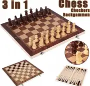 3-in-1 Wooden Chess, Checkers, and Backgammon Set – Portable Folding Board