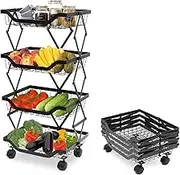 4 Tier Fruit Basket for Kitchen, Collapsible Metal Wire Storage Pantry Baskets with Wheels, Fruit Vegetable Produce Basket Storage Cart, Rolling Utility Cart for Kitchen, Pantry, Bathrooms, Garage