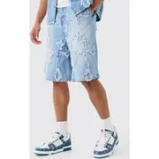 Mens Distressed Cross Applique Denim Jorts In Light Blue
