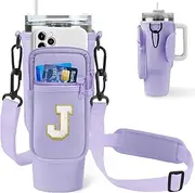 Glitter Initial Water Bottle Sling Bag with Phone Pocket for Stanley 40oz Cup Accessories, Preppy Water Bottle Holder Bag with Shoulder Strap Personalized Gift for Women and Girls (Purple J)