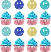 24 Pack Smiley Faces Cupcake Toppers Gold Glitter Emoji Faces Cupcake Picks Smiley Assorted Emojions Cupcake Toppers for Girl Bachelorette Theme Baby Shower Birthday Party Cake Decorations Colorful