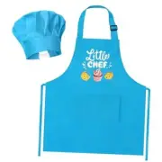 2 Pcs Kid Apron and Chef Hat Set, Adjustable Children Blue Kitchen Little Chef