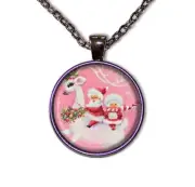 Retro Pink Santa Mrs. Claus on Reindeer Handmade Round Glass Pendant Necklace