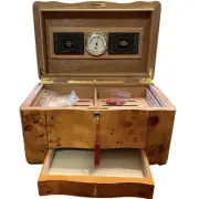 Thompson Cigar Humidor Burl wood Mahogany Box Lined Drawer 2 Keys Hygrometer