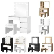 Oikiture Dressing Table Stool Set Makeup Desk Mirror Storage Drawer w/ LED Bulbs