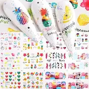 AIDVPOD Summer Fruit Nail Stickers, 12 Sheets Water Transfer Decals, Yellow Tropical Leaf Design for Women & Kids