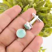 Aqua Chalcedony Gemstone 925 Sterling Silver Handcrafted Cufflinks 0.50" For Him