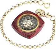 [Kirposh] Classical Square Case Red Automatic Mechanical Pocket Watch for Mens Womens Open Face Roman Number Clock with Chain