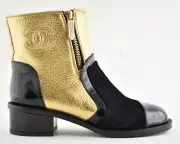 Chanel 18B Gold Black Patent Suede CC Logo Zipper Zip Short Ankle Bootie Boot 35