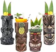 Tiki Mugs Cocktail Set of 4 - Large Tumblers Ceramic Hawaiian Luau Party Mugs Drinkware, Cute Exotic Cocktail Glasses, Tiki Bar Professional Hawaiian Party Barware, TKSET0005…