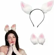 Bunny Ears Headband and Hair Clips Set, Plush Faux Fur Furry Rabbit Ear Easter Headwear Props
