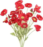 Artificial Flowers Poppy Silk Flowers with Stems, Faux Poppy Flowers Real Touch Decor Plants Realistic Bouquet for Home Kitchen Wedding Office Centerpiece Decorations (Orange Red)