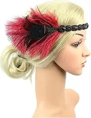 Feather Headband Great Gatsby Headdress 1920s Headpiece Feather Flapper Headband Great Gatsby Headdress Vintage White Feather Headband (Color : Wine Red, Size : One Size)