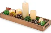 Hanobe Rectangular Long Narrow Tray: Rustic Wooden Decorative Serving Centerpiece Decor Rectangle with Cutout Handles Candle Holder Trays for Home Coffee Table Living Room Bathroom,Light Brown