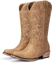 [Choiran] Cowboy Boots for Women - Embroidered Cowgirl Boots Western Mid Calf Fashion Chunky Heel Pointed Toe Country Boot
