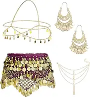 [Kakonia] 4 Sets Women's Belly Dance Accessories,Belly Dance Hip Scarf Wrap Belt,Bohemian Gold Coin Drop Earrings Headpiece Small Coins Hair Chain Tassel Anklet Bracelet Gypsy Costume for Women