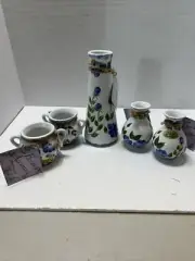 6 Piece Set VTG Pottery 6” Bud Vase, 3” Vase 2.25” Vase Blue Green Flowers NEW