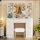 Vanity Makeup Desk Set Mirror & Stool LED Dressing Table 7 Drawers Dresser Desk