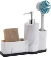 Soap Dispenser with Sponge & Brush Holder Marble Pattern Kitchen Pump Bottle