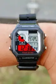 Street Voyager – Modified Watch Based on Casio AE-1200 – Red Slit Screen, Silver