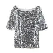 Women Sequin Top Sparkling T-shirt Stylish Comfortable Mid Sleeve Blouse Streetwear for Stage Performances Daily Wear grey 4XL