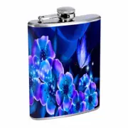 Blue Butterfly Flower Em3 Flask 8oz Stainless Steel Hip Drinking Whiskey