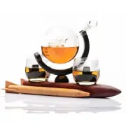 Don Vassie globe decanter set with 2 glasses and a rocket shaped mahogany woo...