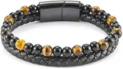 [QIUPINGLI] Mens Multilayer Natural Tiger Eye Stone Bead Braised Leather Bracelet Magnetic Stainless Steel Clasp in Black Men's BraceletsGift Idea for Men & Boys Jewelry 21 inch