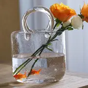 Glass Purse Vase for Flowers,Hand Blown Clear Vase with Bubbles in It,Bag Gla...