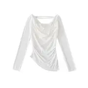 Long Sleeve Cold-Shoulder Plain T-Shirt White - M