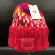 UGG BEANIE TASMAN JACQUARD KNIT HAT WOMENS ONE SIZE CERISE MUTI LEATHER LOGO