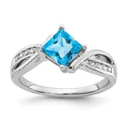 14k White Gold Square Blue Topaz and Real Diamond Ring