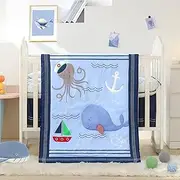 Wowelife Whale Crib Bedding Sets Sea Octopus 3 Piece with Comforter, Fitted Sheet and Bed Skirt(Blue-3 Piece)